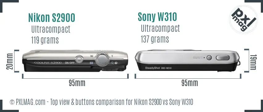 Nikon S2900 vs Sony W310 top view buttons comparison