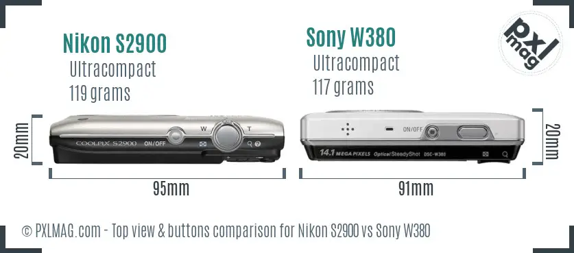 Nikon S2900 vs Sony W380 top view buttons comparison