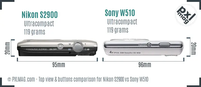 Nikon S2900 vs Sony W510 top view buttons comparison