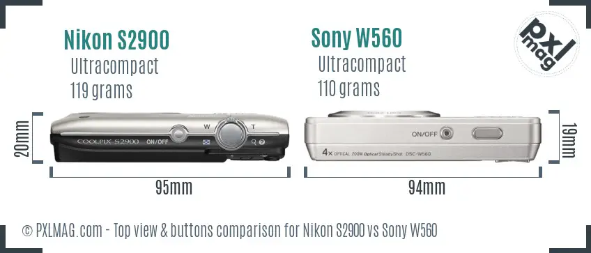Nikon S2900 vs Sony W560 top view buttons comparison