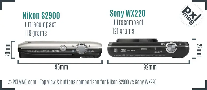 Nikon S2900 vs Sony WX220 top view buttons comparison