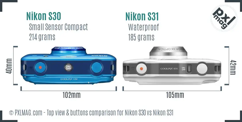 Nikon S30 vs Nikon S31 top view buttons comparison Nikon S30 vs Nikon S31 top view buttons comparison
