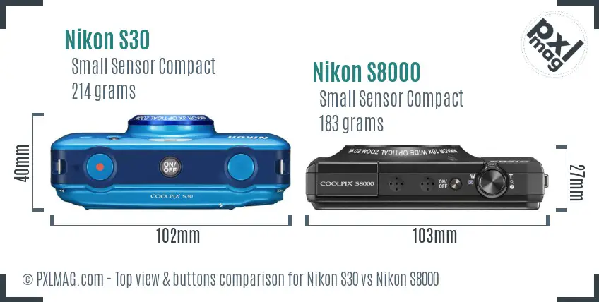 Nikon S30 vs Nikon S8000 top view buttons comparison Nikon S30 vs Nikon S8000 top view buttons comparison