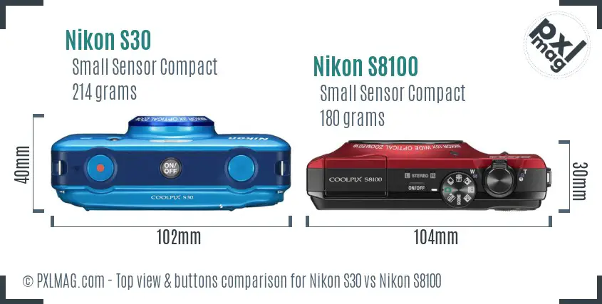 Nikon S30 vs Nikon S8100 top view buttons comparison Nikon S30 vs Nikon S8100 top view buttons comparison