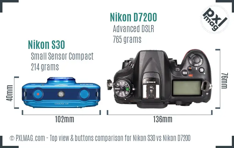 Nikon S30 vs Nikon D7200 top view buttons comparison