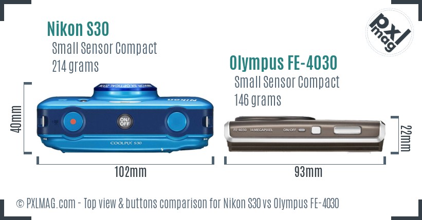 Nikon S30 vs Olympus FE-4030 top view buttons comparison