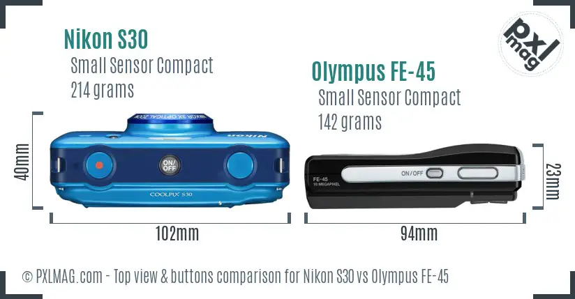 Nikon S30 vs Olympus FE-45 top view buttons comparison