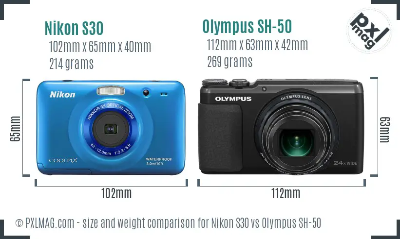 Nikon S30 vs Olympus SH-50 size comparison
