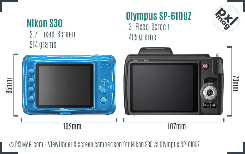 Nikon S30 vs Olympus SP-610UZ Screen and Viewfinder comparison