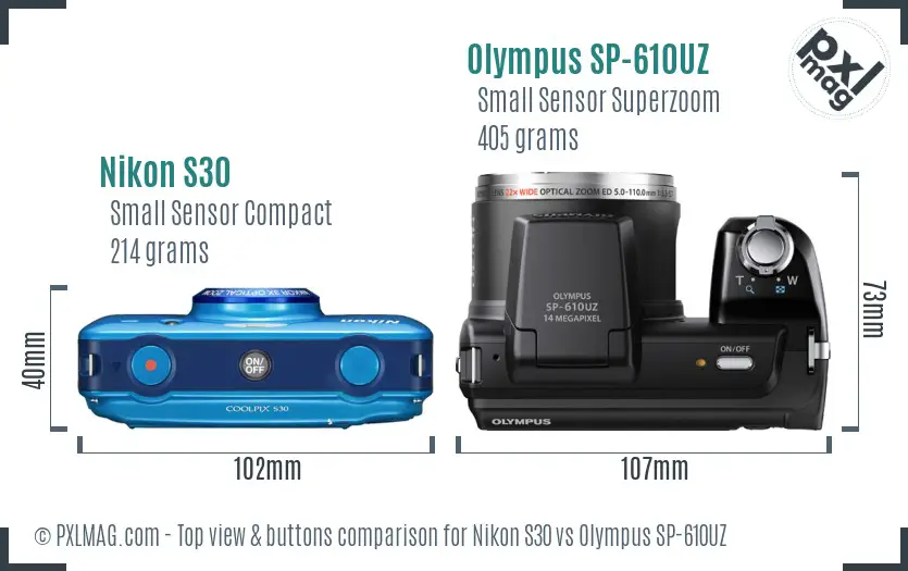 Nikon S30 vs Olympus SP-610UZ top view buttons comparison