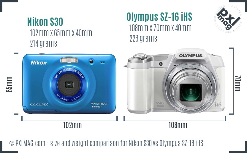 Nikon S30 vs Olympus SZ-16 iHS size comparison