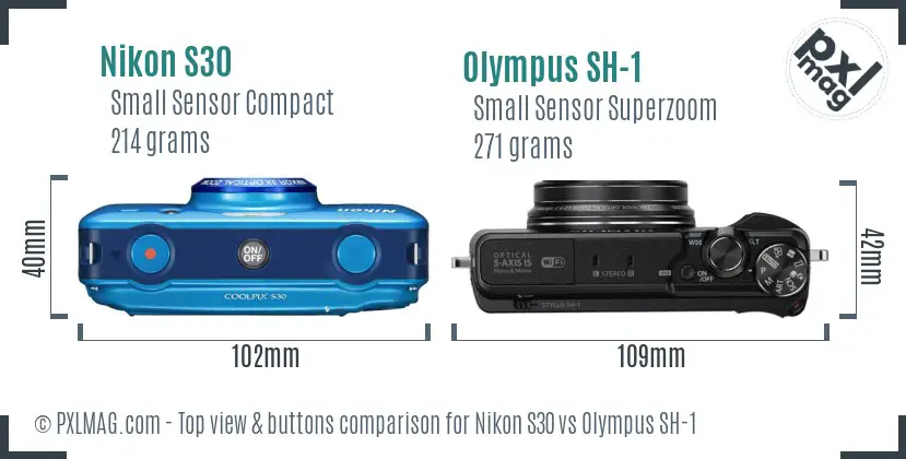 Nikon S30 vs Olympus SH-1 top view buttons comparison