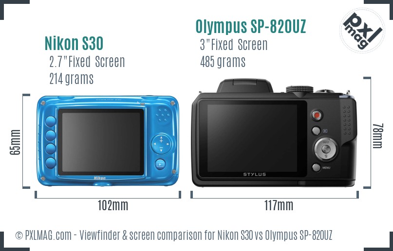 Nikon S30 vs Olympus SP-820UZ Screen and Viewfinder comparison