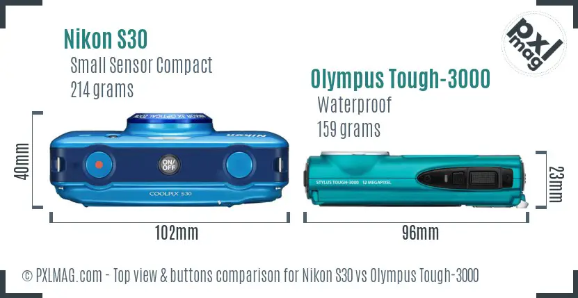Nikon S30 vs Olympus Tough-3000 top view buttons comparison Nikon S30 vs Olympus Tough-3000 top view buttons comparison