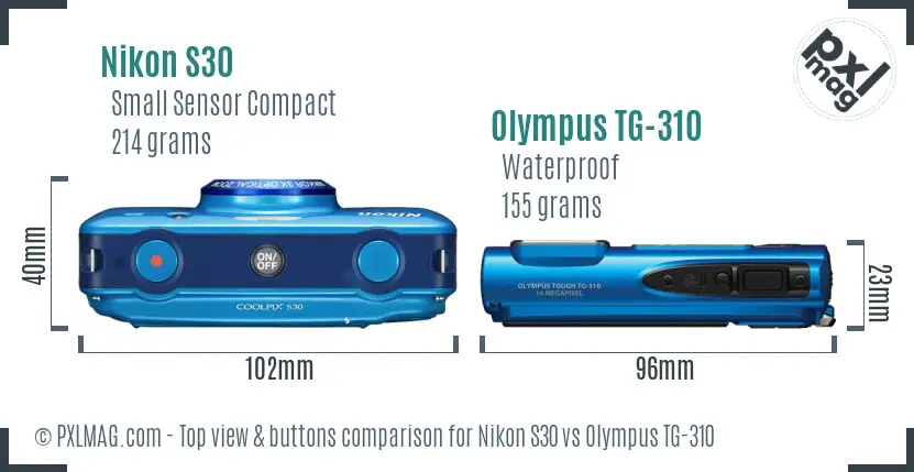 Nikon S30 vs Olympus TG-310 top view buttons comparison Nikon S30 vs Olympus TG-310 top view buttons comparison