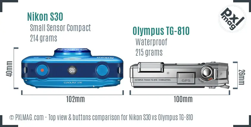 Nikon S30 vs Olympus TG-810 top view buttons comparison Nikon S30 vs Olympus TG-810 top view buttons comparison