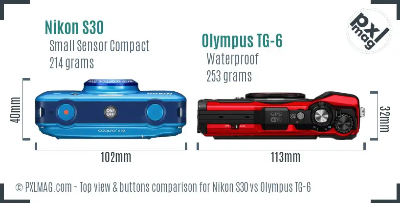 Nikon S30 vs Olympus TG-6 top view buttons comparison Nikon S30 vs Olympus TG-6 top view buttons comparison