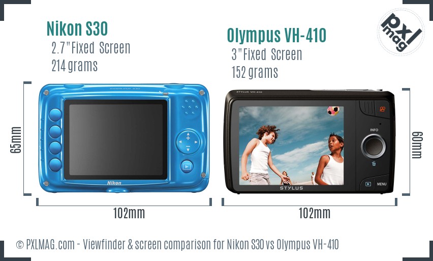 Nikon S30 vs Olympus VH-410 Screen and Viewfinder comparison