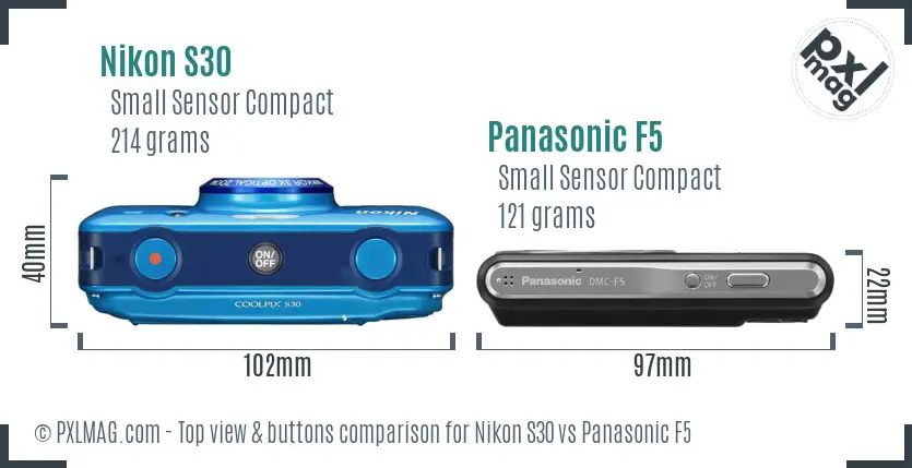 Nikon S30 vs Panasonic F5 top view buttons comparison Nikon S30 vs Panasonic F5 top view buttons comparison