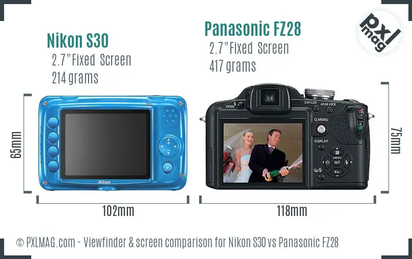 Nikon S30 vs Panasonic FZ28 Screen and Viewfinder comparison