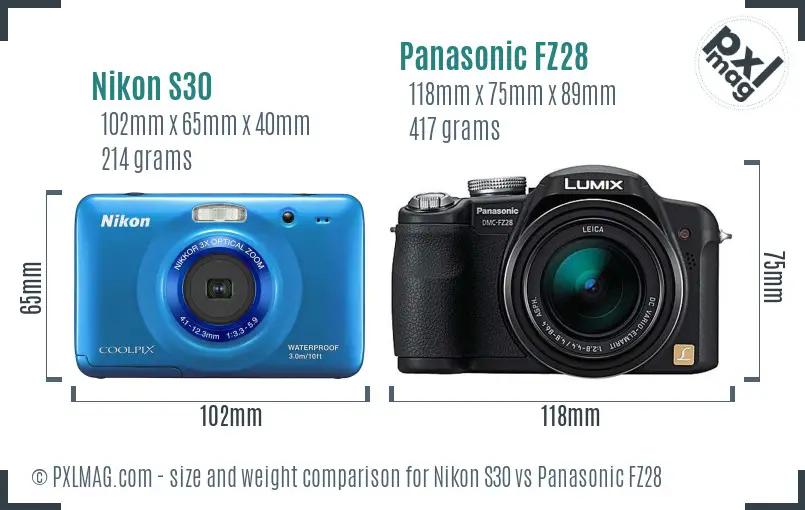 Nikon S30 vs Panasonic FZ28 size comparison