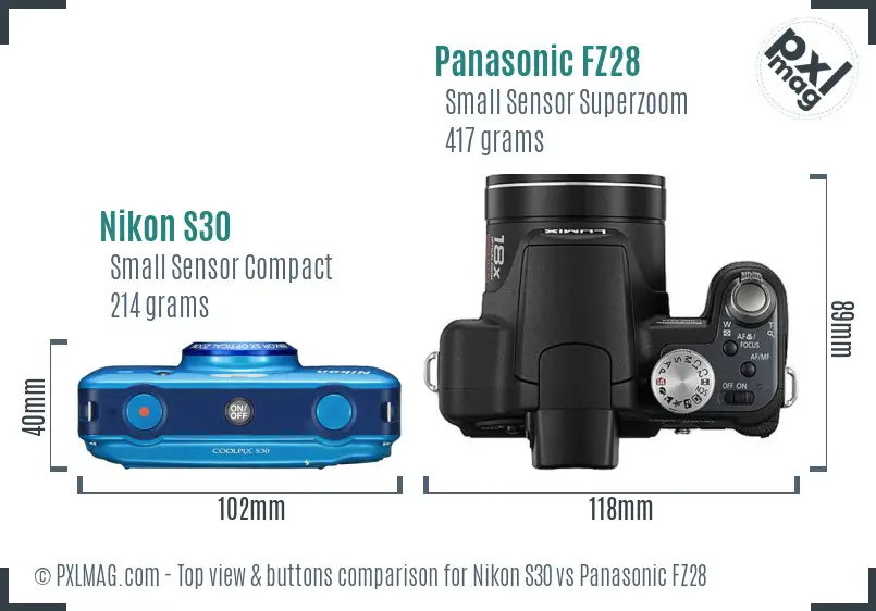Nikon S30 vs Panasonic FZ28 top view buttons comparison