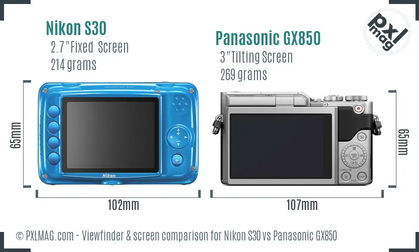 Nikon S30 vs Panasonic GX850 Screen and Viewfinder comparison