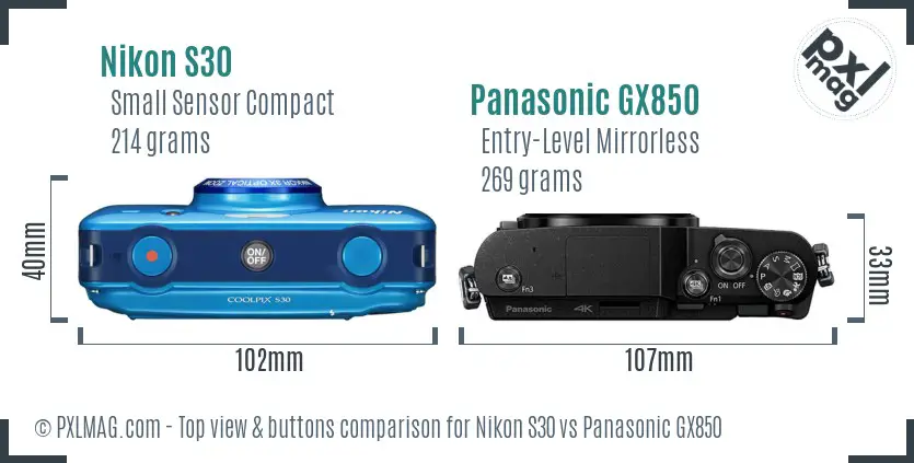 Nikon S30 vs Panasonic GX850 top view buttons comparison