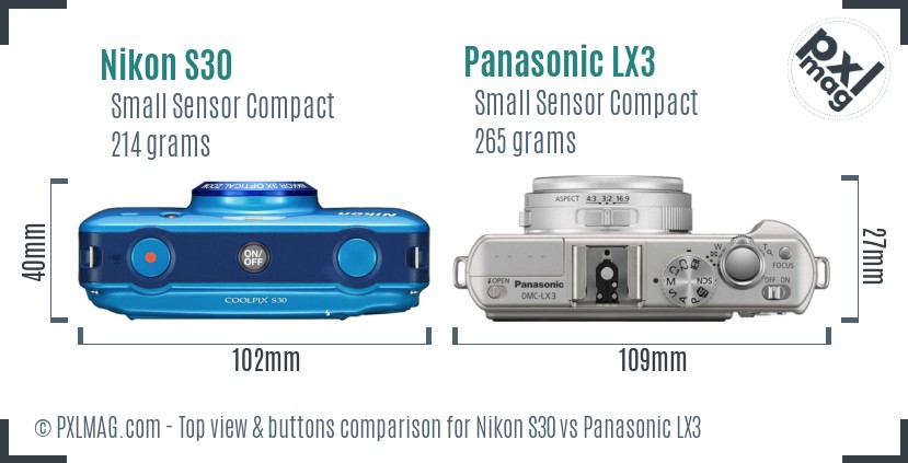 Nikon S30 vs Panasonic LX3 top view buttons comparison