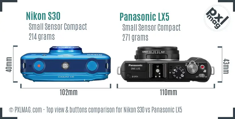 Nikon S30 vs Panasonic LX5 top view buttons comparison Nikon S30 vs Panasonic LX5 top view buttons comparison