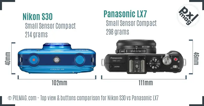 Nikon S30 vs Panasonic LX7 top view buttons comparison Nikon S30 vs Panasonic LX7 top view buttons comparison