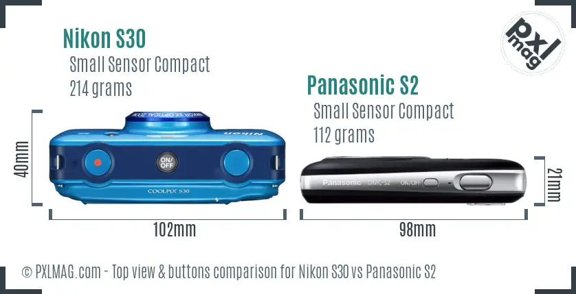 Nikon S30 vs Panasonic S2 top view buttons comparison Nikon S30 vs Panasonic S2 top view buttons comparison