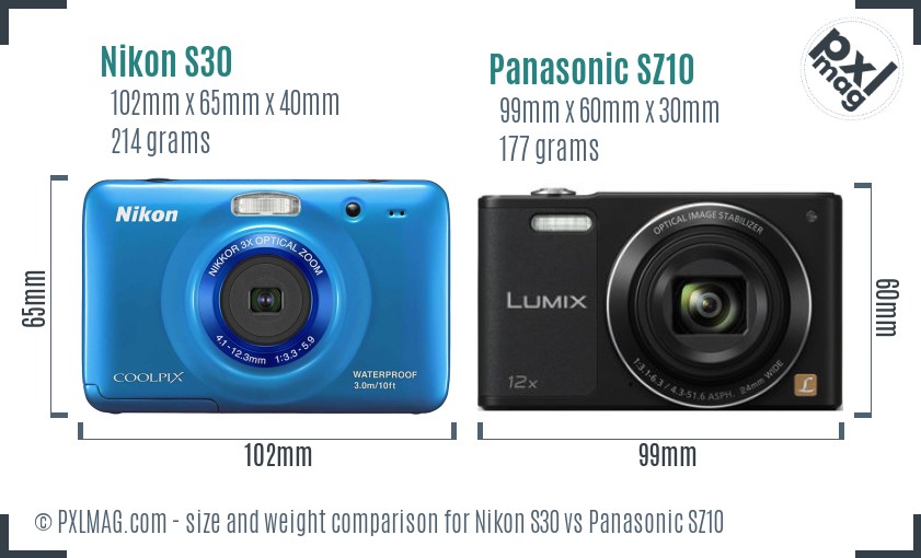 Nikon S30 vs Panasonic SZ10 size comparison Nikon S30 vs Panasonic SZ10 size comparison