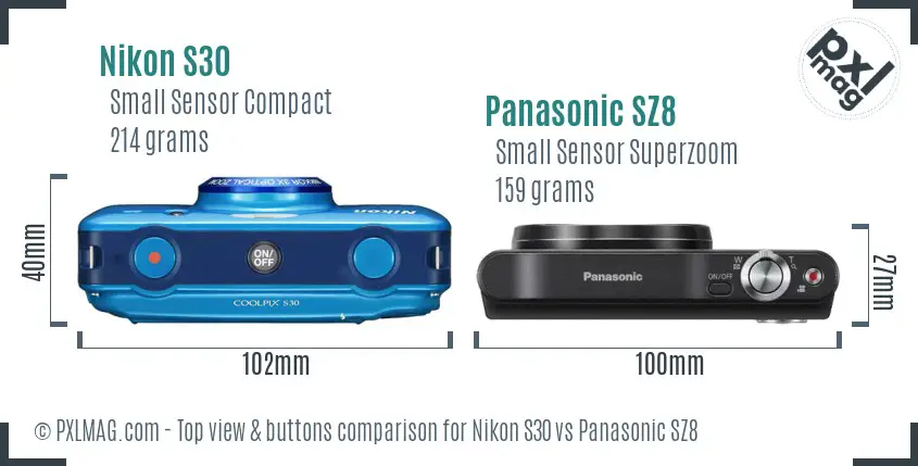 Nikon S30 vs Panasonic SZ8 top view buttons comparison Nikon S30 vs Panasonic SZ8 top view buttons comparison