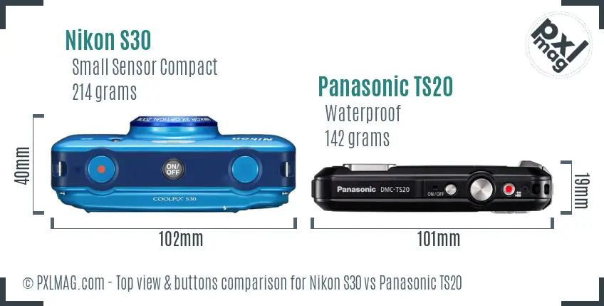 Nikon S30 vs Panasonic TS20 top view buttons comparison Nikon S30 vs Panasonic TS20 top view buttons comparison