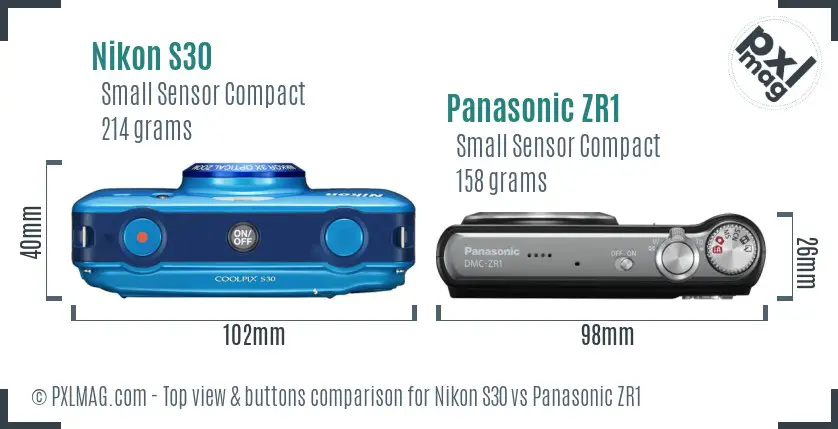 Nikon S30 vs Panasonic ZR1 top view buttons comparison Nikon S30 vs Panasonic ZR1 top view buttons comparison