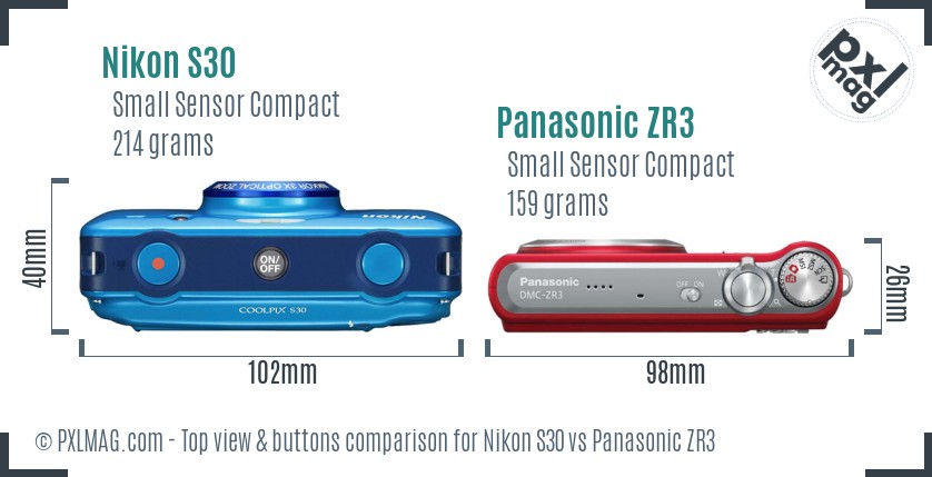 Nikon S30 vs Panasonic ZR3 top view buttons comparison