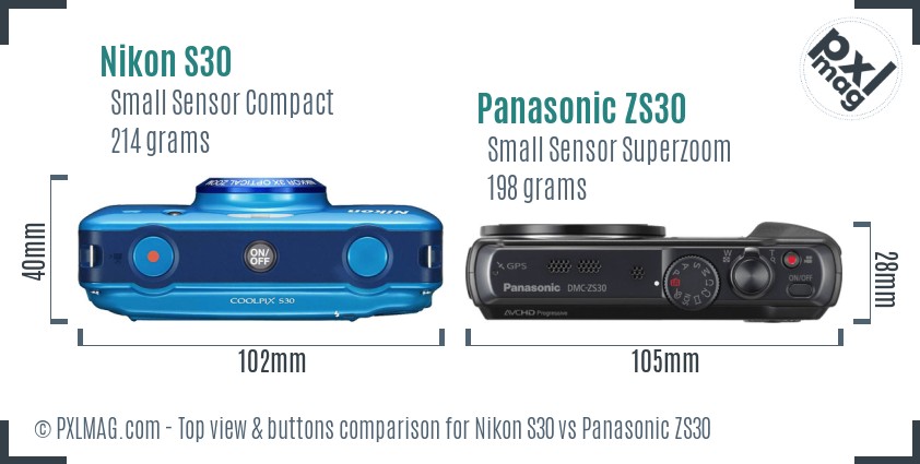 Nikon S30 vs Panasonic ZS30 top view buttons comparison