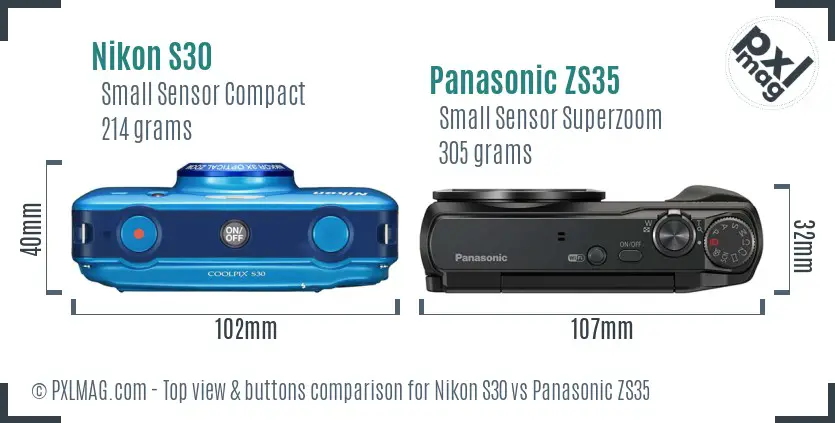 Nikon S30 vs Panasonic ZS35 top view buttons comparison Nikon S30 vs Panasonic ZS35 top view buttons comparison