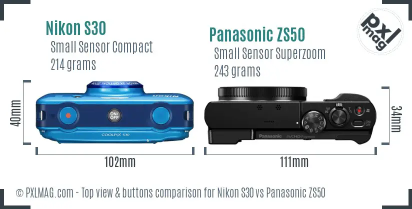 Nikon S30 vs Panasonic ZS50 top view buttons comparison