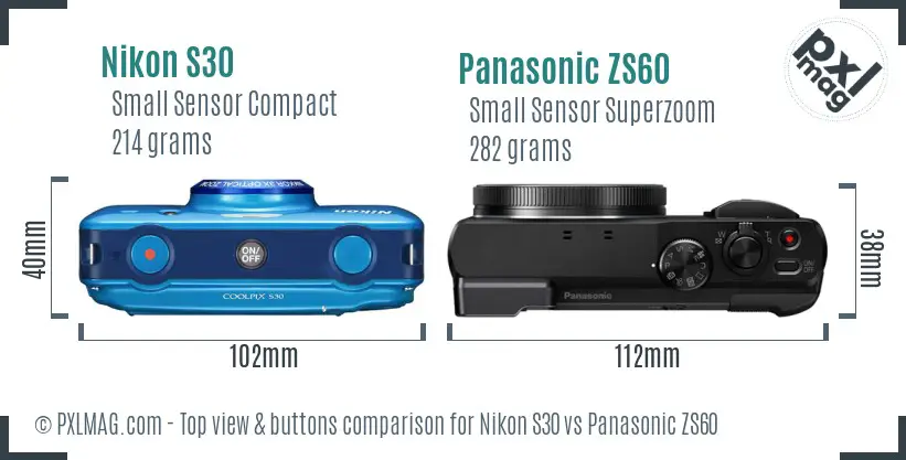 Nikon S30 vs Panasonic ZS60 top view buttons comparison Nikon S30 vs Panasonic ZS60 top view buttons comparison