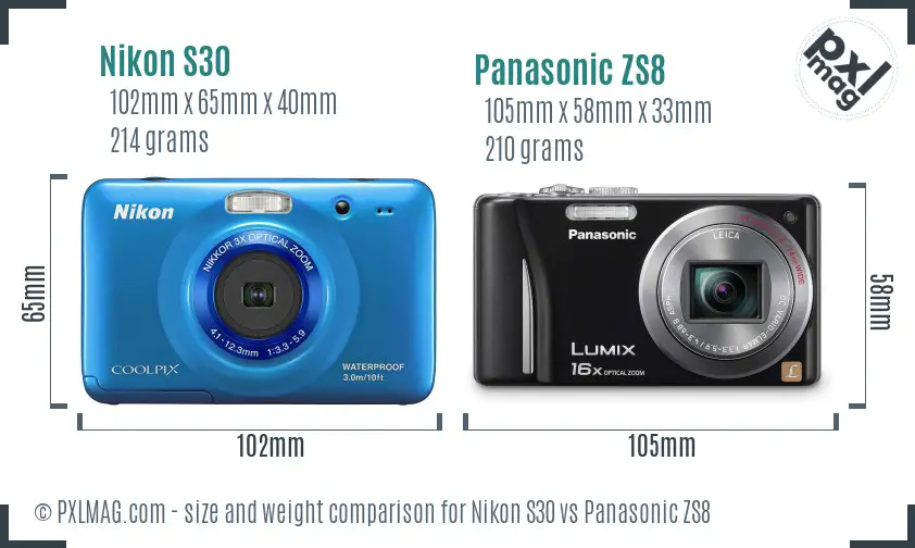 Nikon S30 vs Panasonic ZS8 size comparison