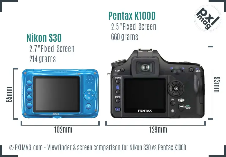 Nikon S30 vs Pentax K100D Screen and Viewfinder comparison