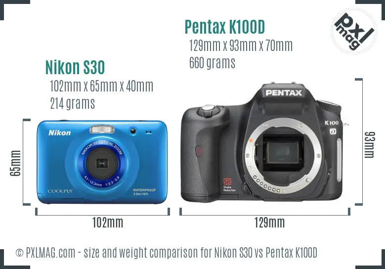 Nikon S30 vs Pentax K100D size comparison