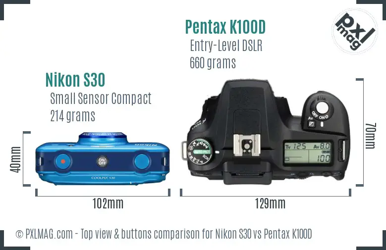 Nikon S30 vs Pentax K100D top view buttons comparison