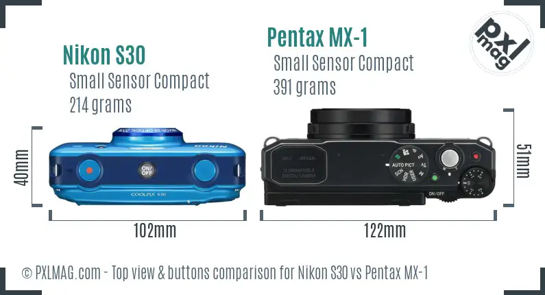 Nikon S30 vs Pentax MX-1 top view buttons comparison