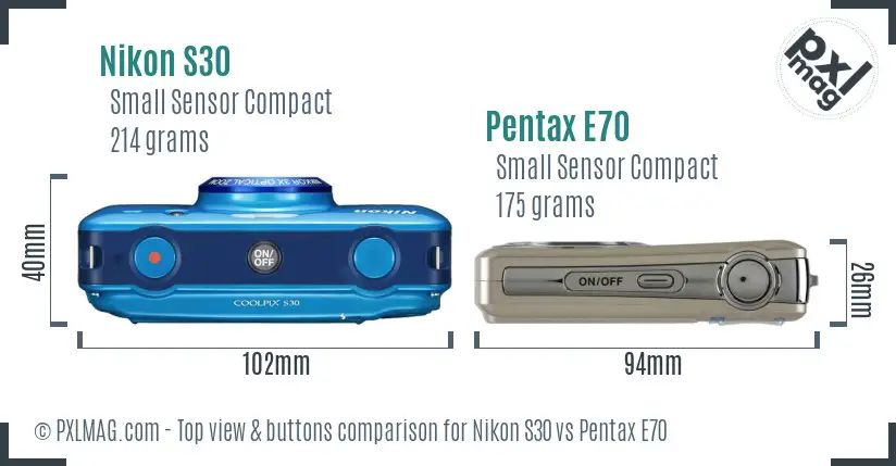 Nikon S30 vs Pentax E70 top view buttons comparison