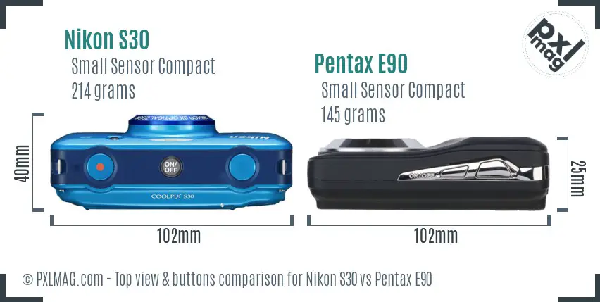 Nikon S30 vs Pentax E90 top view buttons comparison