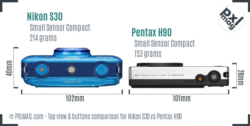 Nikon S30 vs Pentax H90 top view buttons comparison