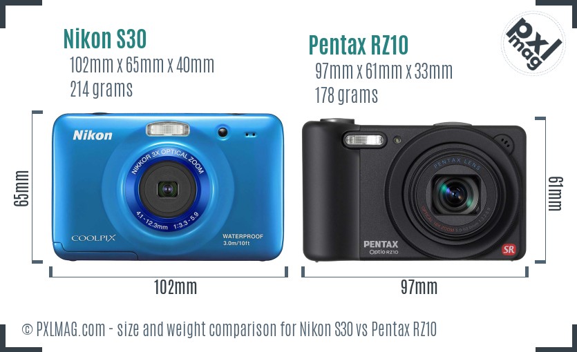 Nikon S30 vs Pentax RZ10 size comparison Nikon S30 vs Pentax RZ10 size comparison